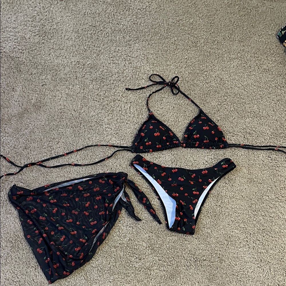 Cherry Print Bikini Set with Cover-Up